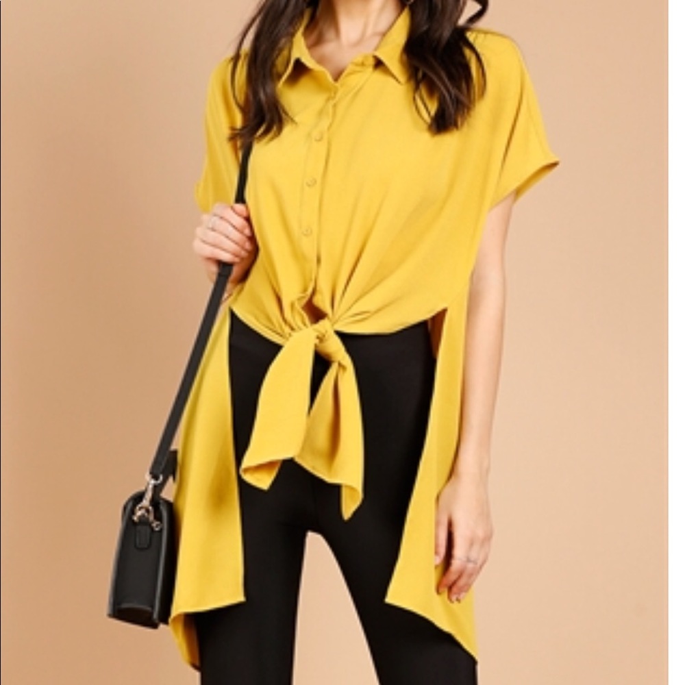Mustard short sleeve front tie blouse